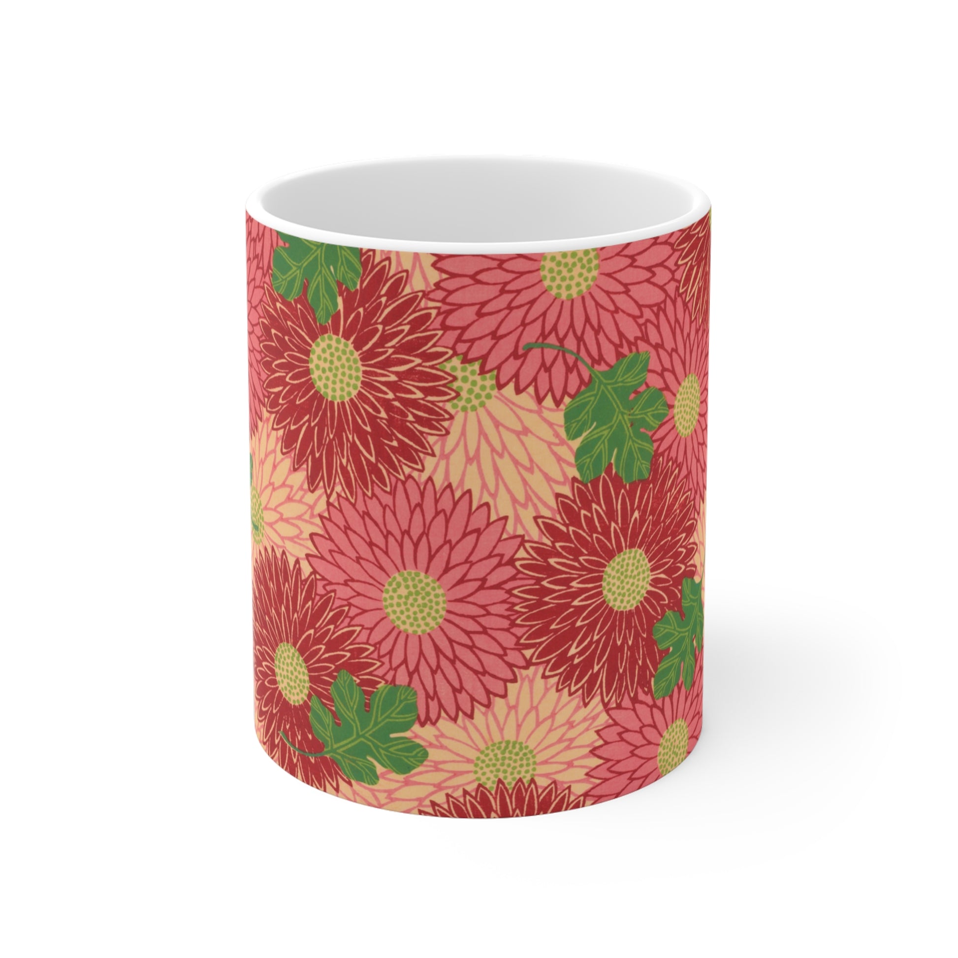 11oz Ceramic mug with a red floral pattern of Chrysanthemums 
