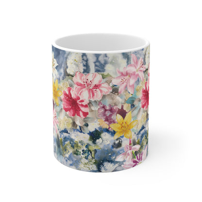 Ceramic tea mug with floral watercolor design with pink and yellow lilies