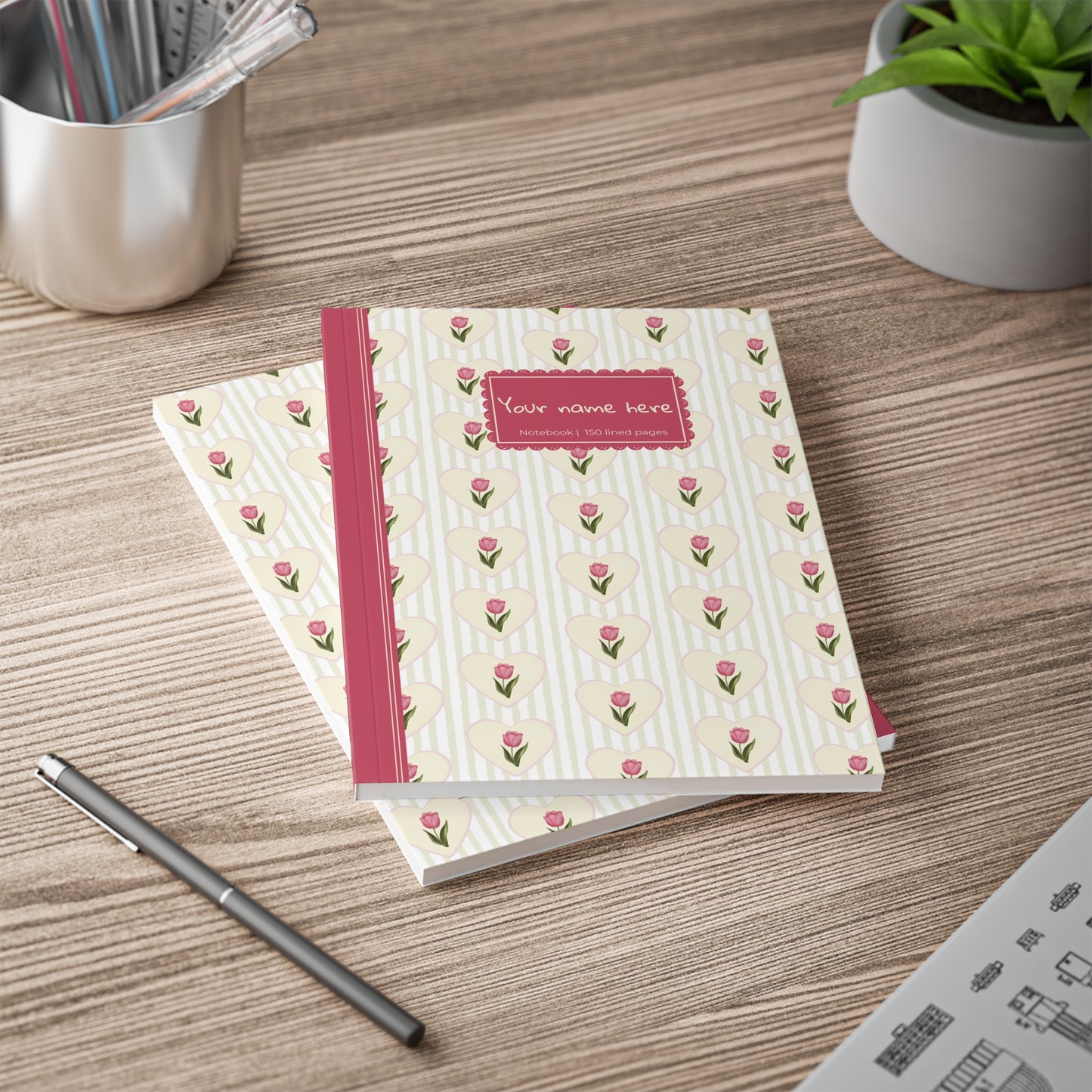 Tulip Heart Floral Notebook A5 Pink – Personalized Softcover Journal
