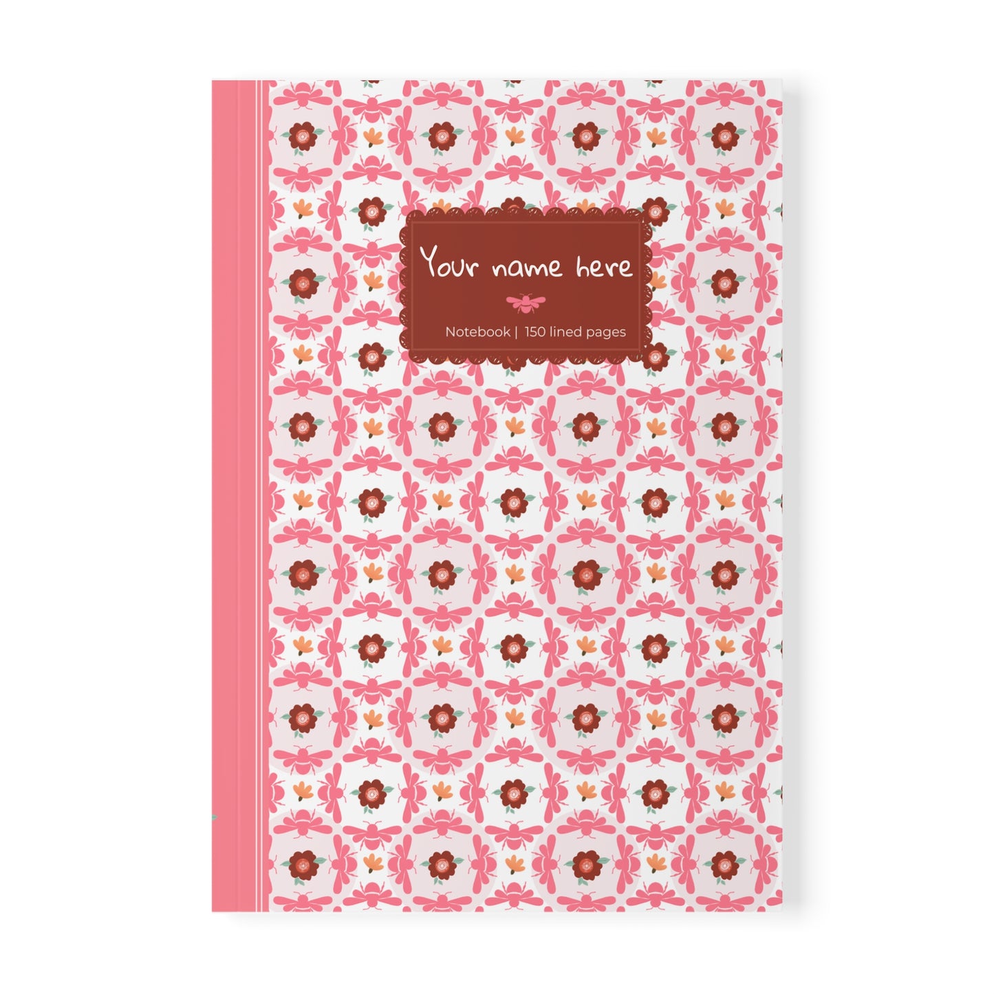 Softcover Notebook A5 Pink Bees & Floral Pattern — PERSONALIZED Decorative Journal