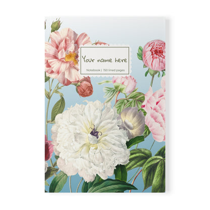 Floral Peony A5 Softcover Notebook | Personalized 'Your name here' Journal, Vintage Botanical Design