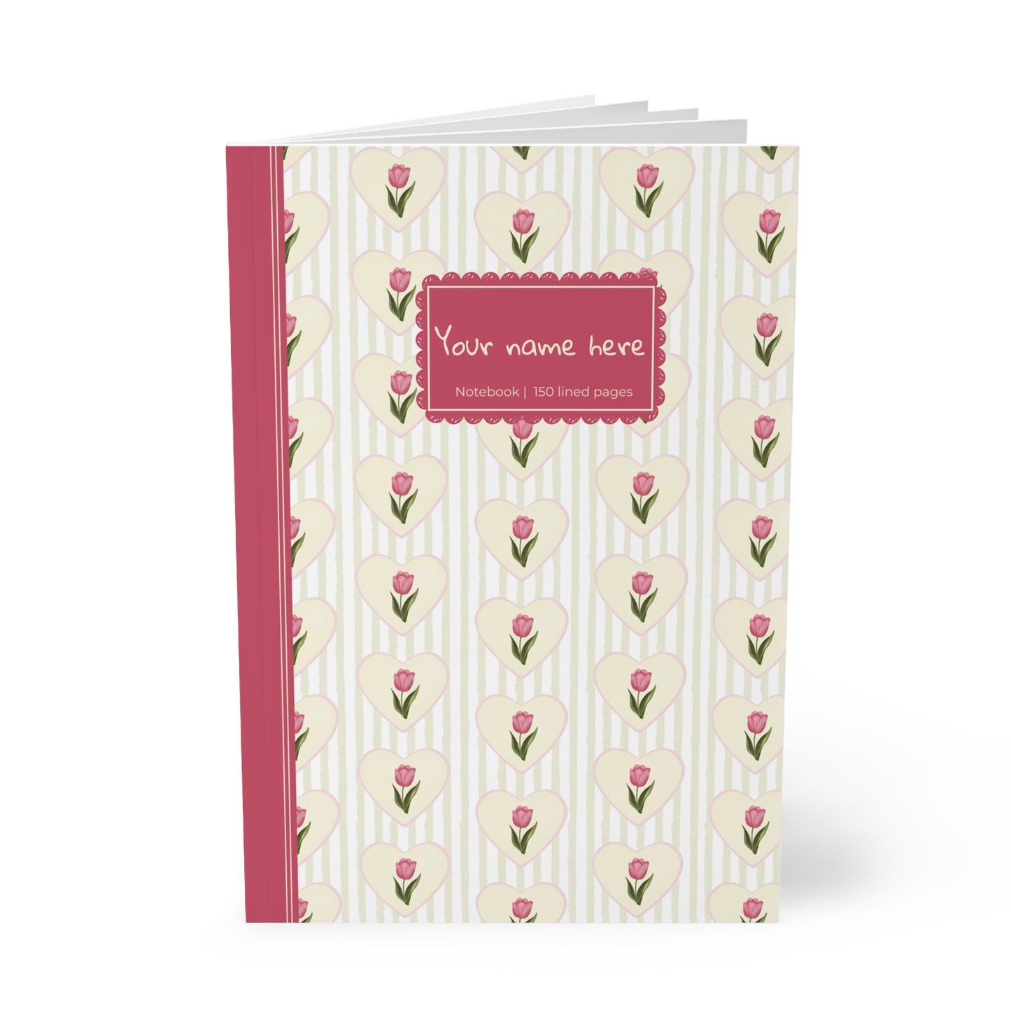 Tulip Heart Floral Notebook A5 Pink – Personalized Softcover Journal