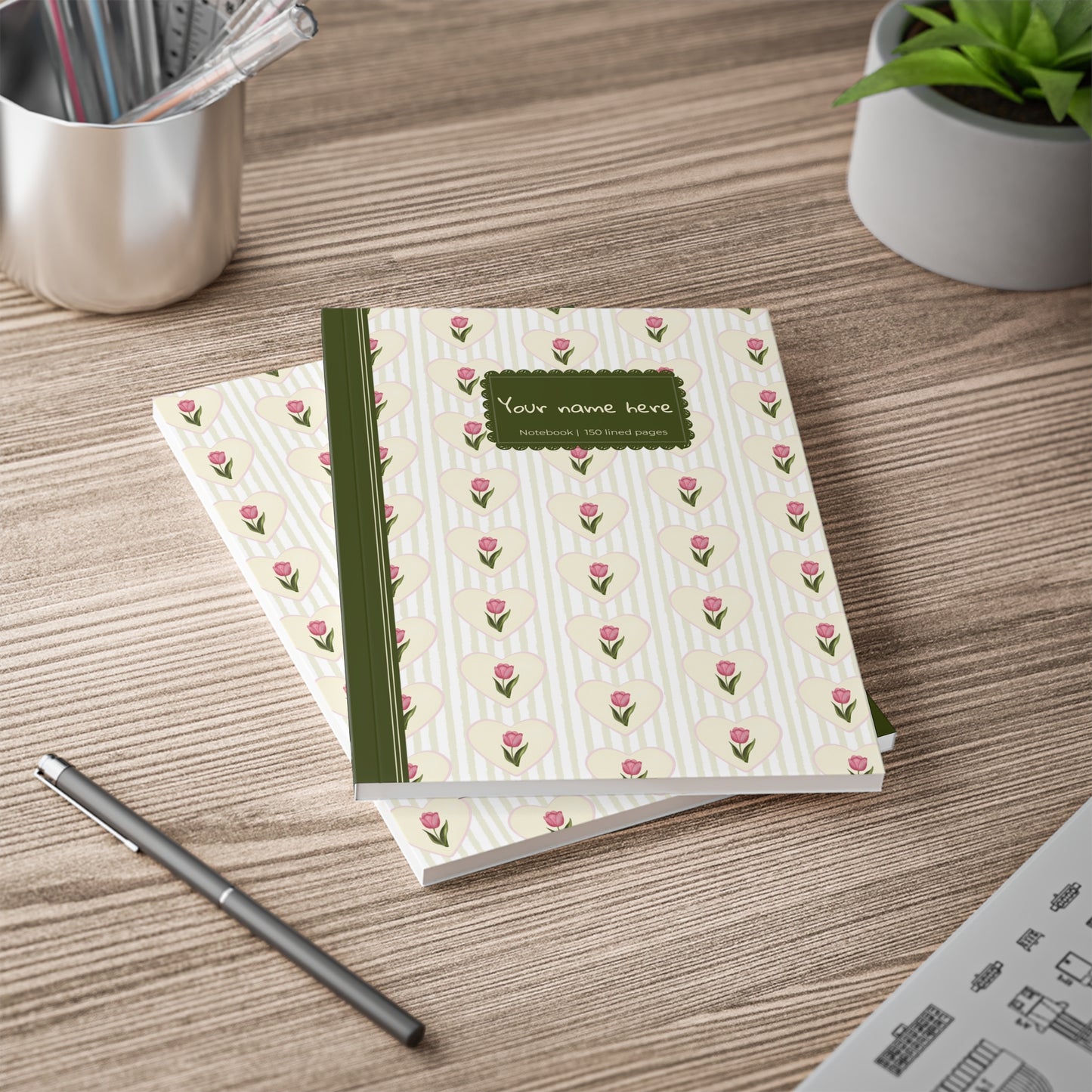 Tulip Heart Floral Notebook A5 Green – Personalized Softcover Journal