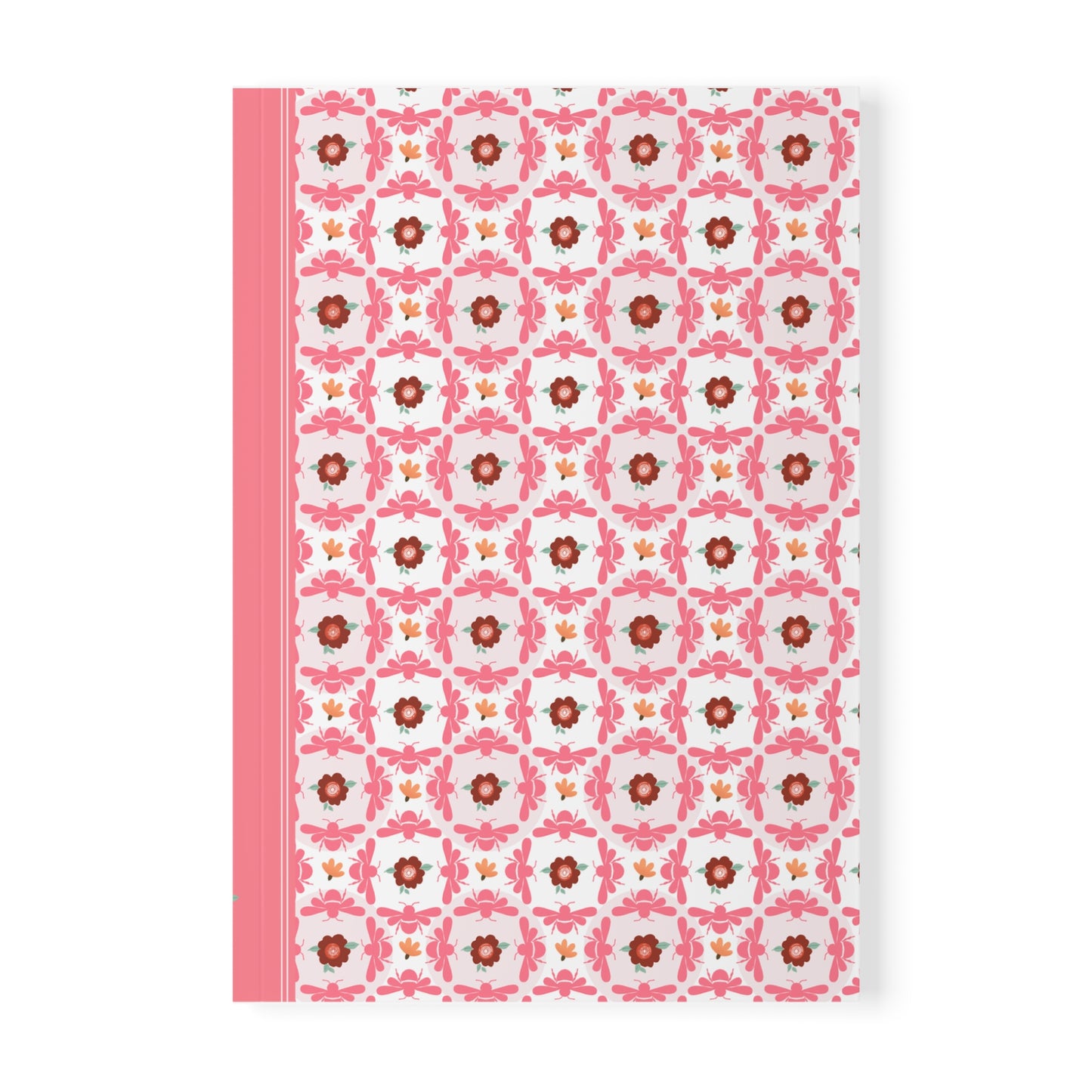 Softcover Notebook A5 Pink Bees & Floral Pattern | Decorative Lined Journal