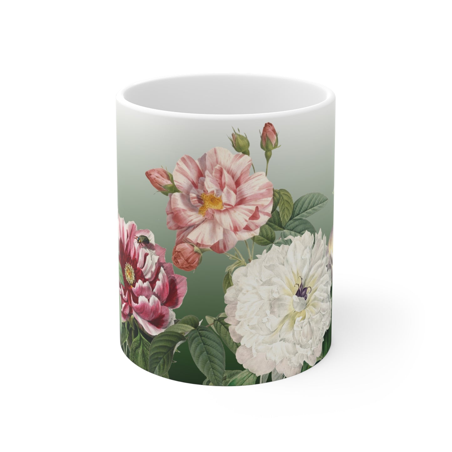 Vintage Peony Floral Green Ceramic Coffee Mug