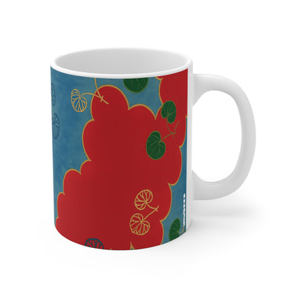 Botanical Ceramic Coffee Mug with Red Clouds