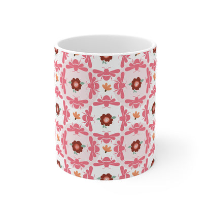 Keramiktasse mit Bienen- und Blumenmotiv, Rosa