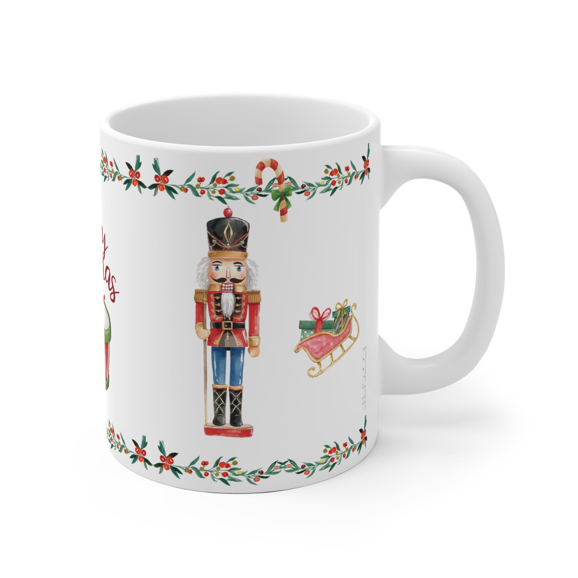 White mug with Christmas-themed design featuring a nutcracker and candy canes on a white background