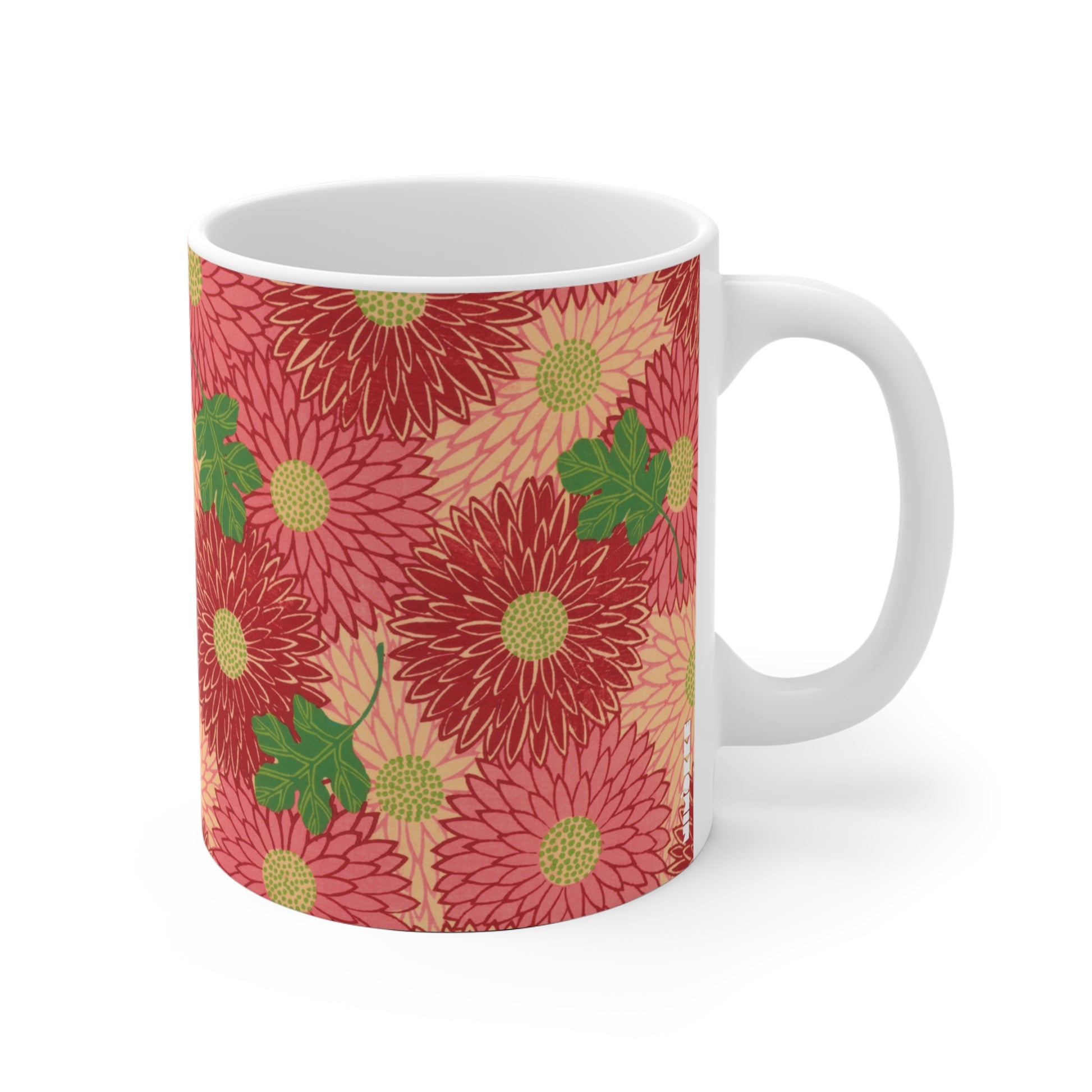 11oz Ceramic mug with a red floral pattern of Chrysanthemums 