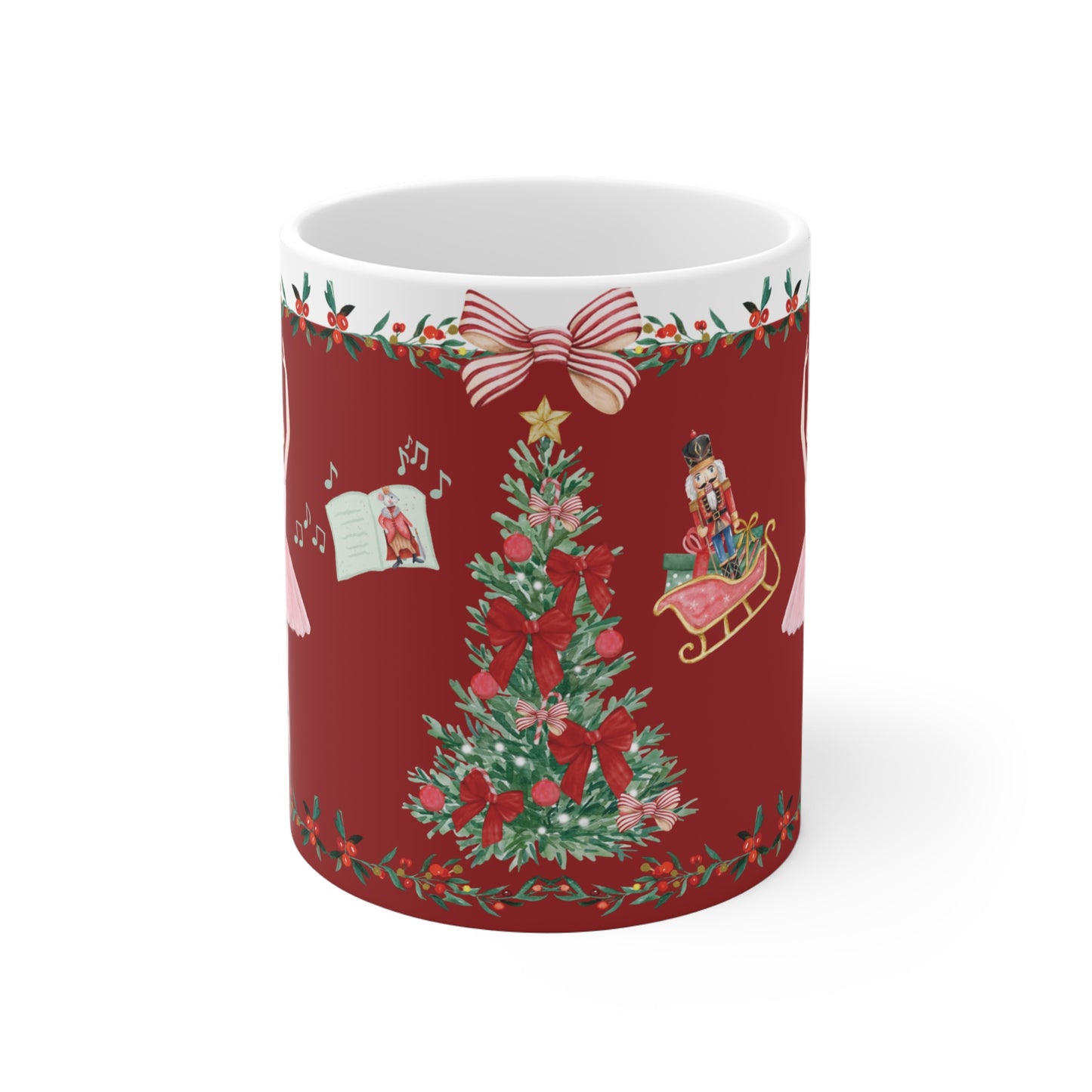 Dark red Christmas mug with ballerina, tree with pink bows, sleigh, and songbook