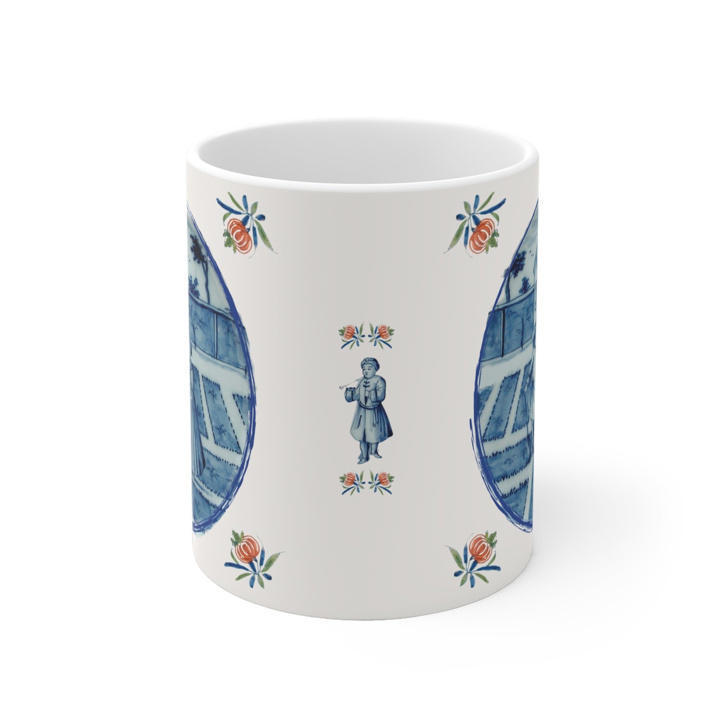 Coffee mug with blue and green decorative patterns inspired by Delft Blue