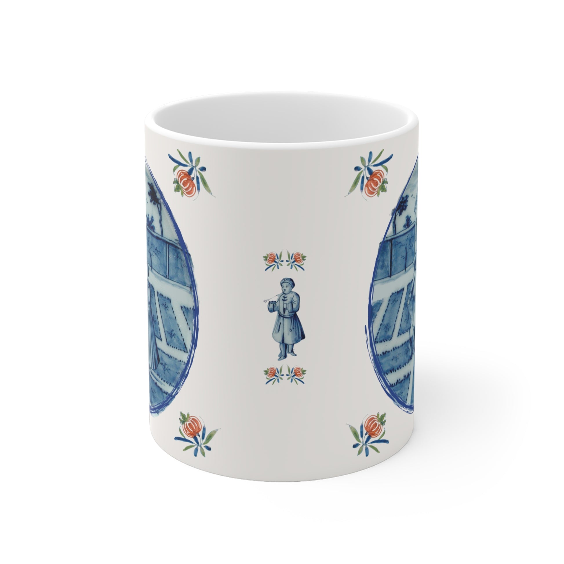 Coffee mug with blue and green decorative patterns inspired by Delft Blue