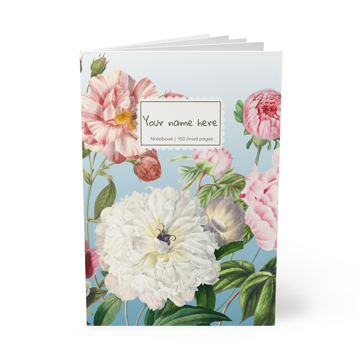 Floral Peony A5 Softcover Notebook | Personalized 'Your name here' Journal, Vintage Botanical Design