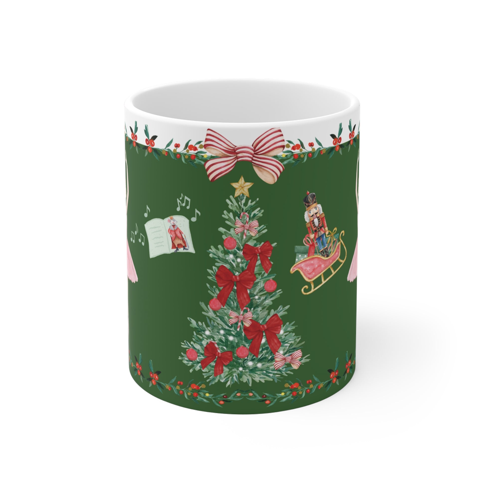 Dark red Christmas mug with ballerina, tree with pink bows, sleigh, and songbook