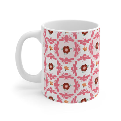 Keramiktasse mit Bienen- und Blumenmotiv, Rosa