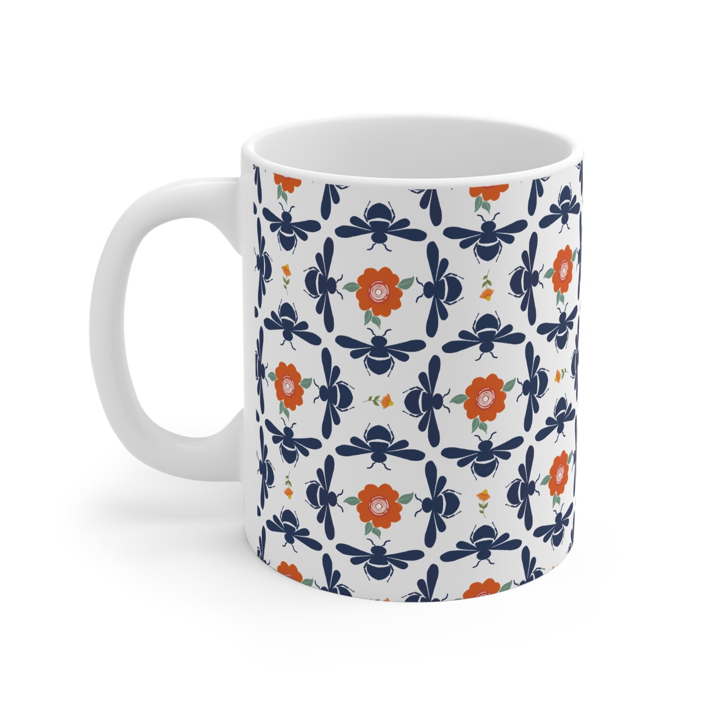 Geometrical Floral and Bees Ceramic Mug in Blue and Orange