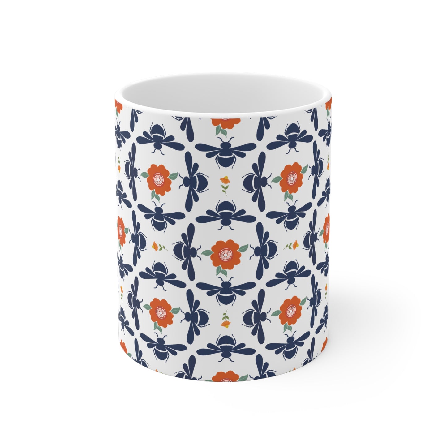 Geometrical Floral and Bees Ceramic Mug in Blue and Orange