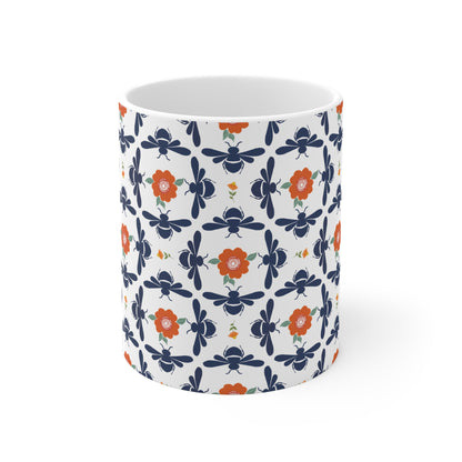Geometrical Floral and Bees Ceramic Mug in Blue and Orange