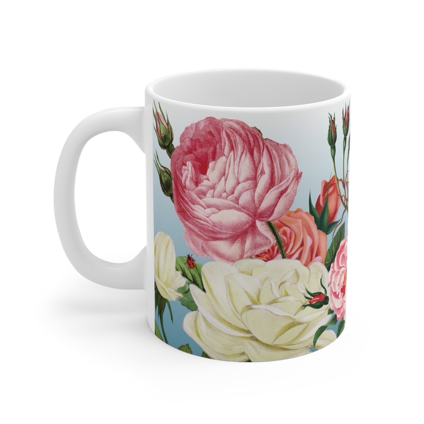 Vintage Rose Garden Ceramic Mug – Blue Floral Coffee & Tea Cup (11 oz)