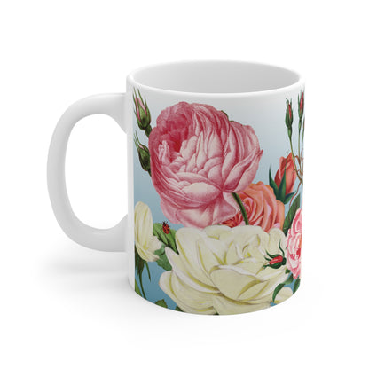Vintage Rose Garden Ceramic Mug – Blue Floral Coffee & Tea Cup (11 oz)