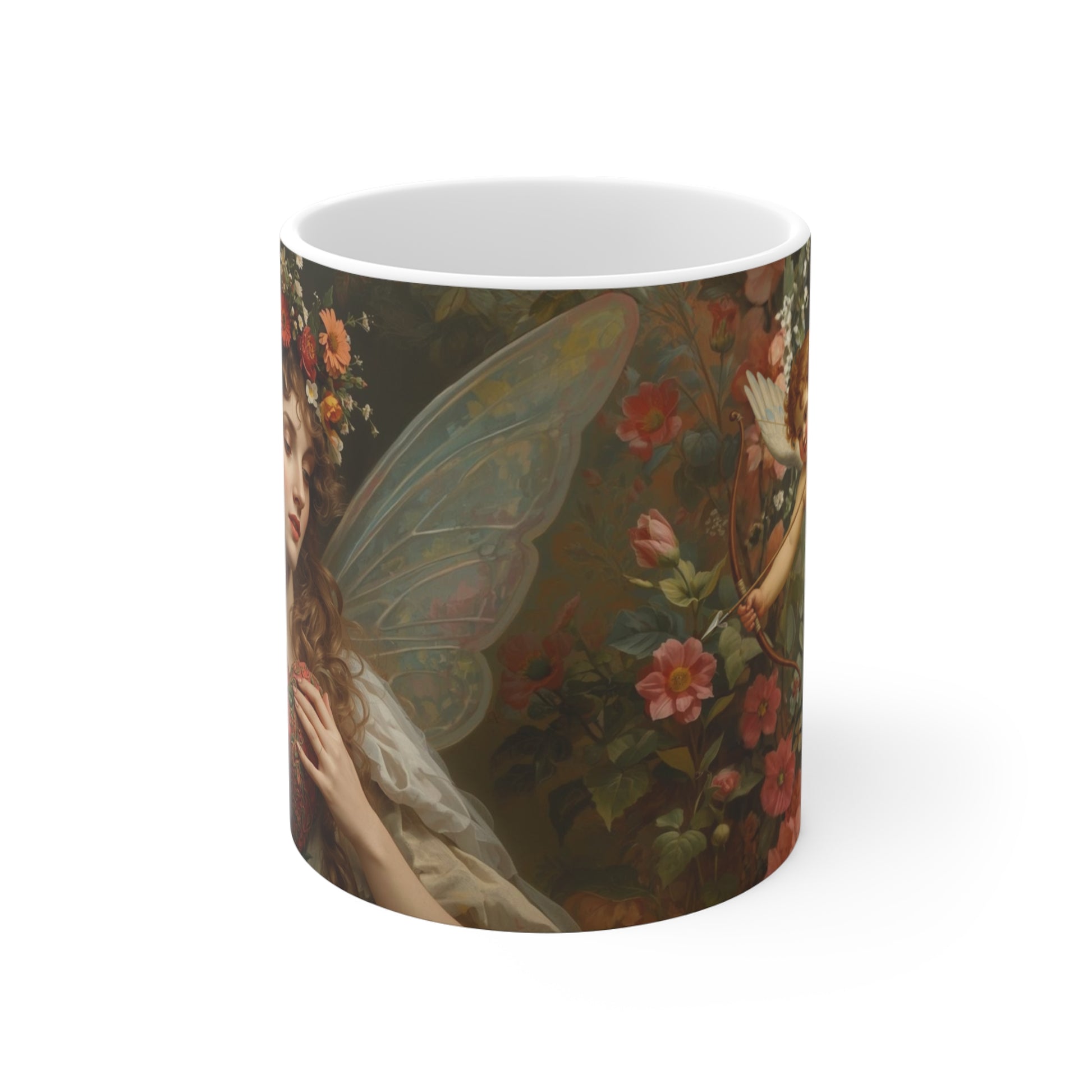 Valentine Mug with Fairy and Angel on Floral Background
