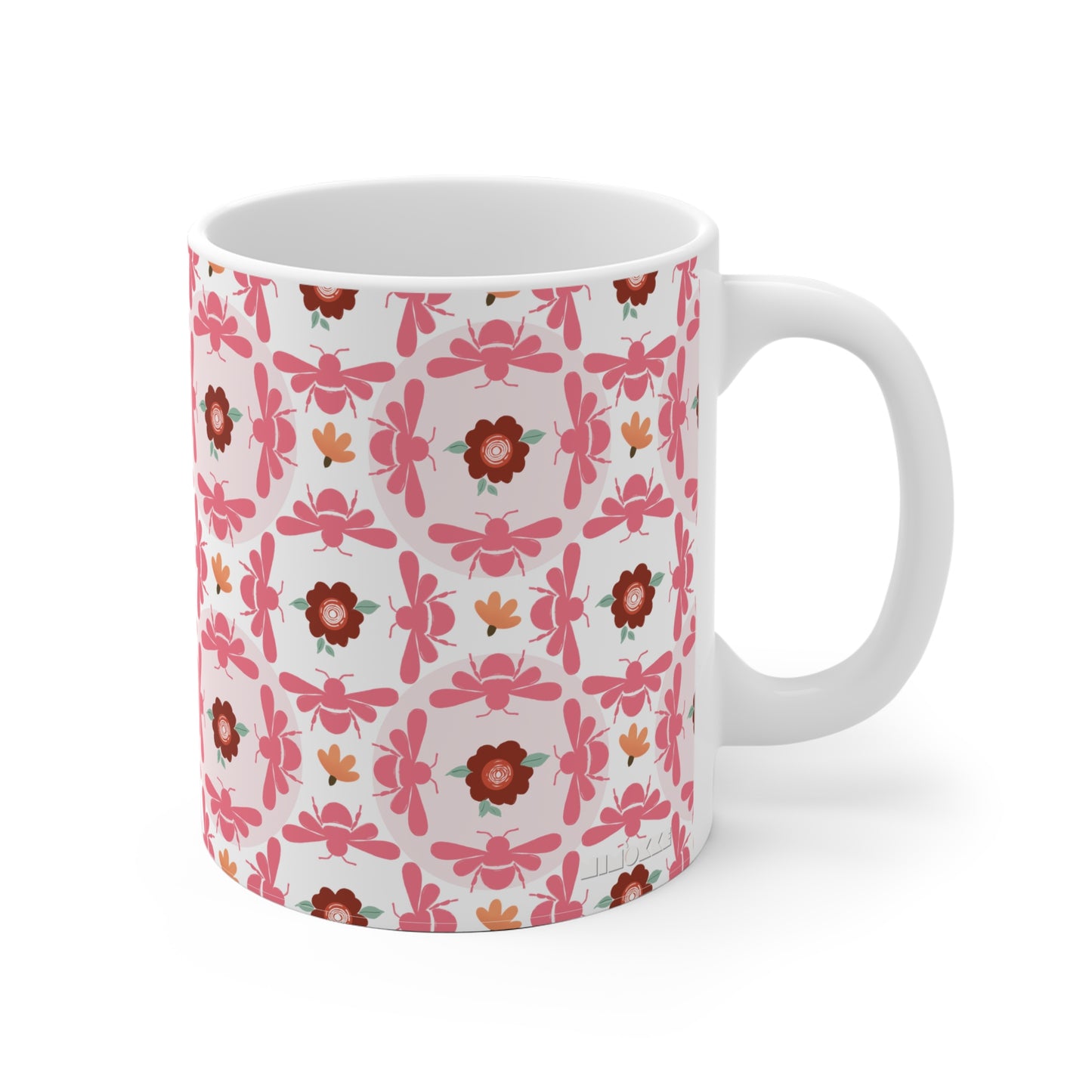Keramiktasse mit Bienen- und Blumenmotiv, Rosa