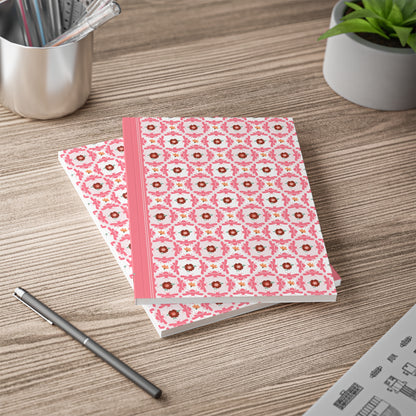 Softcover Notebook A5 Pink Bees & Floral Pattern | Decorative Lined Journal