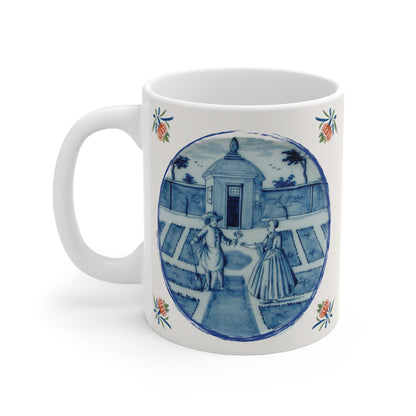 Mug with blue and white delftware design of a romantic couple in a tulip garden