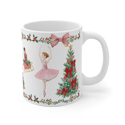 Festive ceramic coffee cup featuring Nutcracker ballet theme and holiday decorations