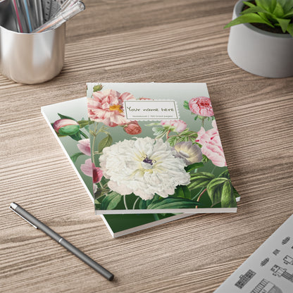 Floral Peony Green A5 Softcover Notebook  — Personalized 'Your name here' Journal, Vintage Botanical Design