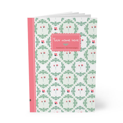 Softcover Notebook A5 Green Bees & Little Pink Flowers — PERSONALIZED Decorative Journal