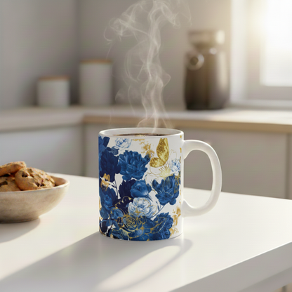 Blau-goldene Keramiktasse mit Blumenmuster und Schmetterlingen