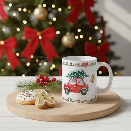Mug à café de Noël « Conduire à la maison pour Noël » (blanche)