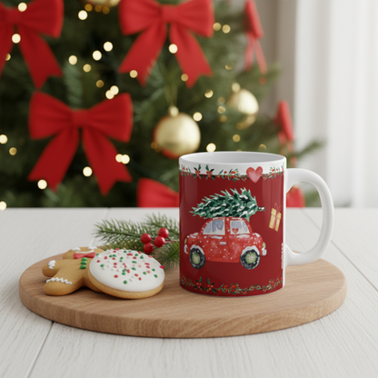 Mug à café de Noël « Conduire à la maison pour Noël » (rouge)