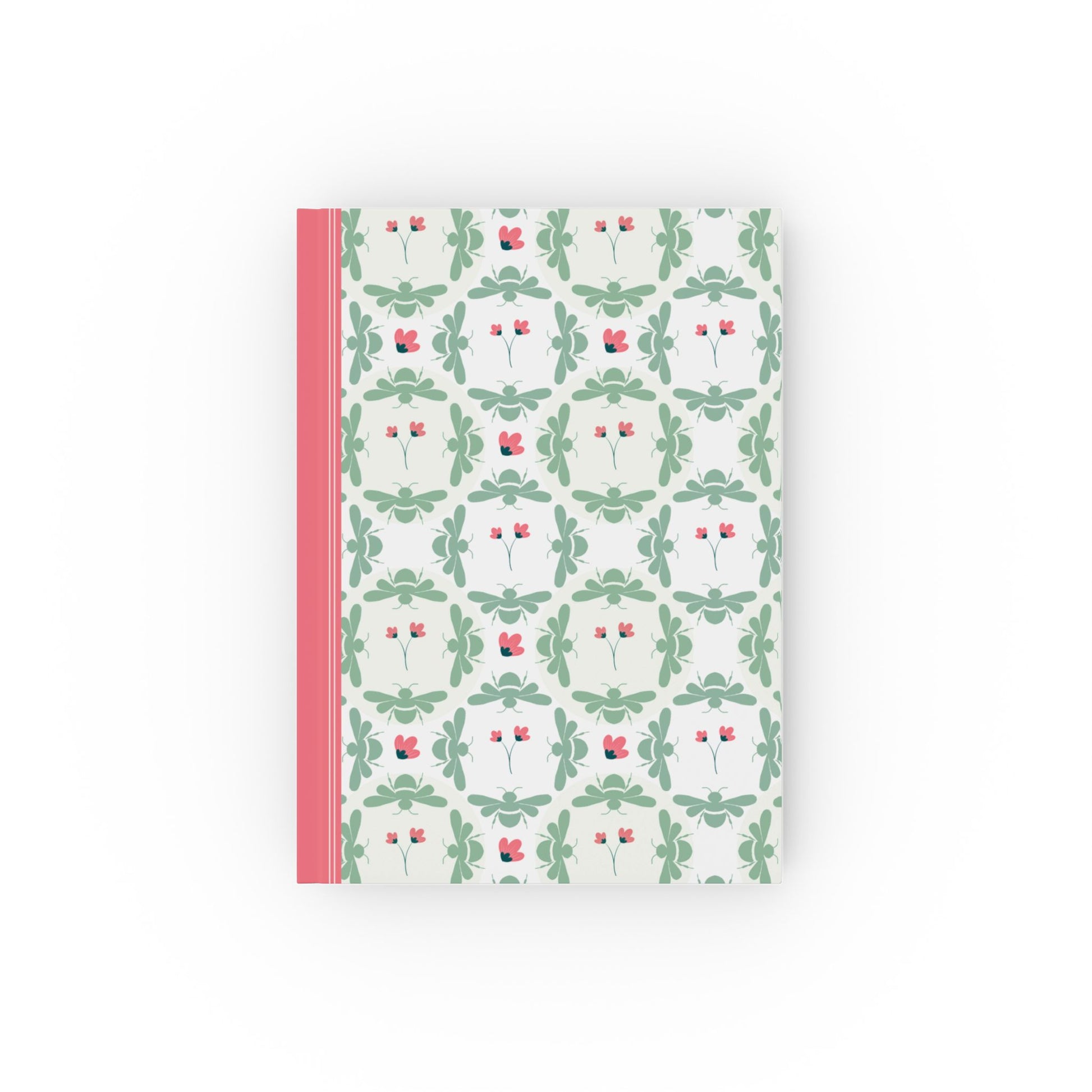Hardcover notebook with green bees and pink flowers pattern FRONT