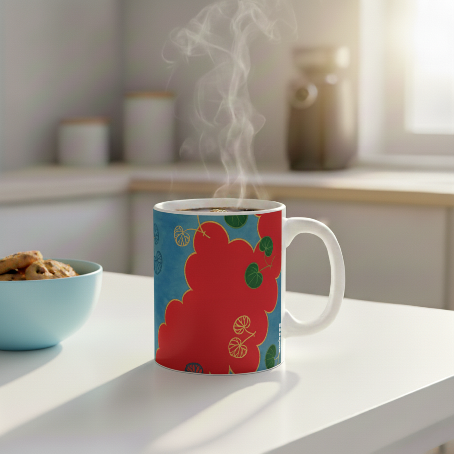 Botanical Ceramic Coffee Mug with Red Clouds