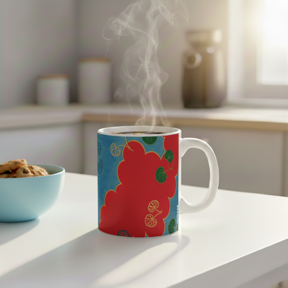 Botanical Ceramic Coffee Mug with Red Clouds