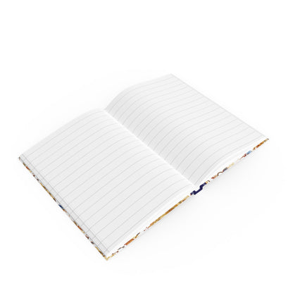 Open hardcover notebook showing lay-flat spine and 90 gsm paper RULED