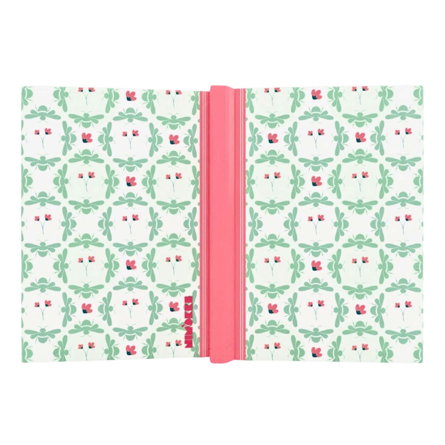 Close-up of hardcover notebook with nature-inspired pattern