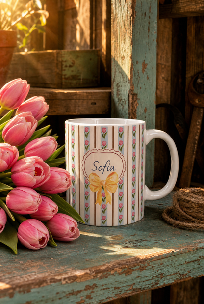 Personalized Little Tulips Mug 2 – Custom Name Coffee & Tea Cup, 11 oz Floral Ceramic Mug