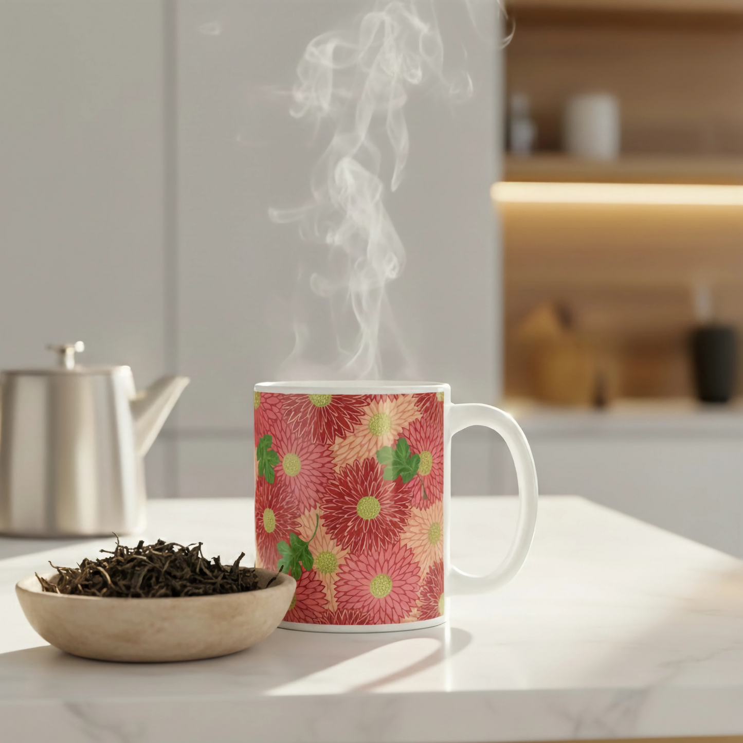 11oz Coffee mug with a floral pattern featuring red and pink Chrysanthemums in a kitchen