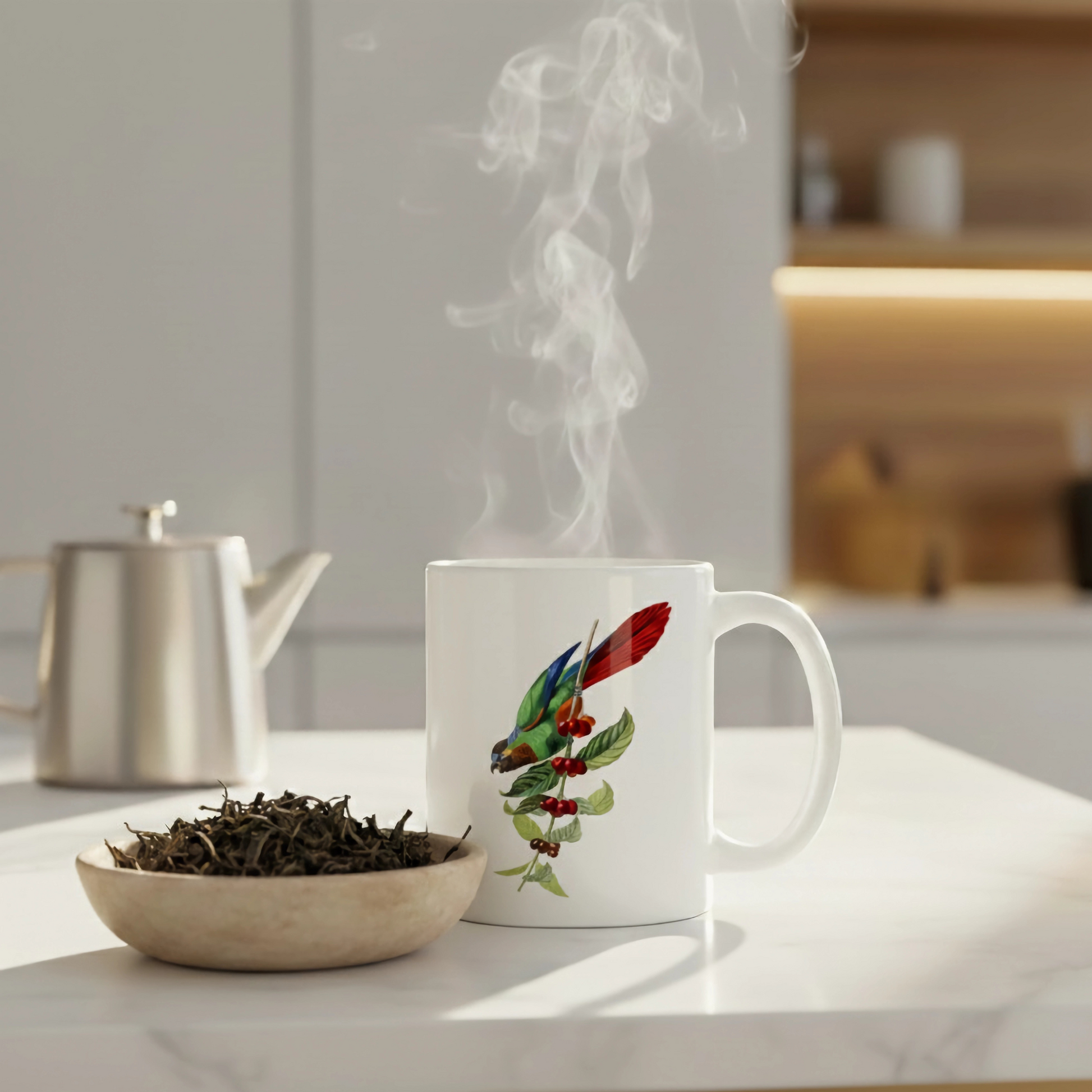 A white ceramic mug with a colorful illustration of a parakeet bird perched on a branch with leaves and berries.