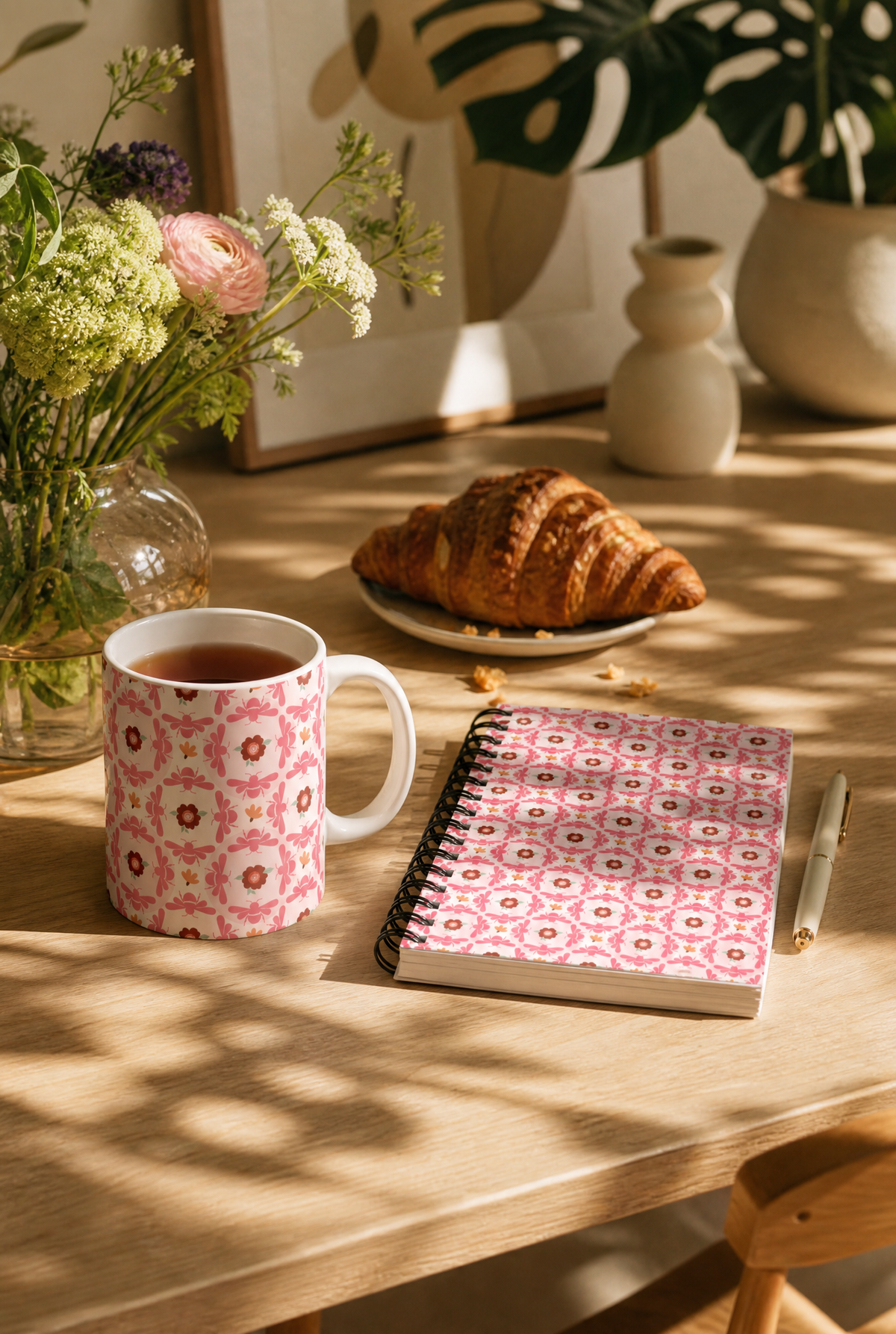 Softcover Notebook A5 Pink Bees & Floral Pattern | Decorative Lined Journal
