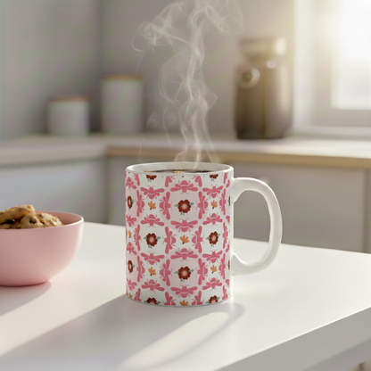 Keramiktasse mit Bienen- und Blumenmotiv, Rosa