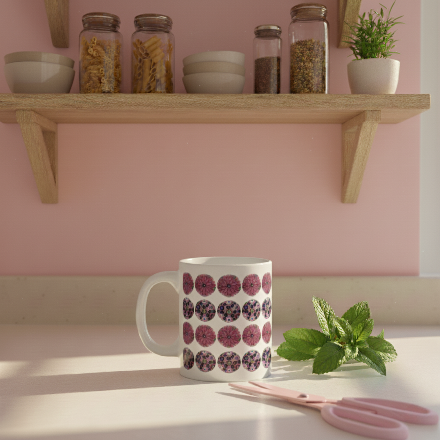 Pink Polka Dot Floral Ceramic Mug