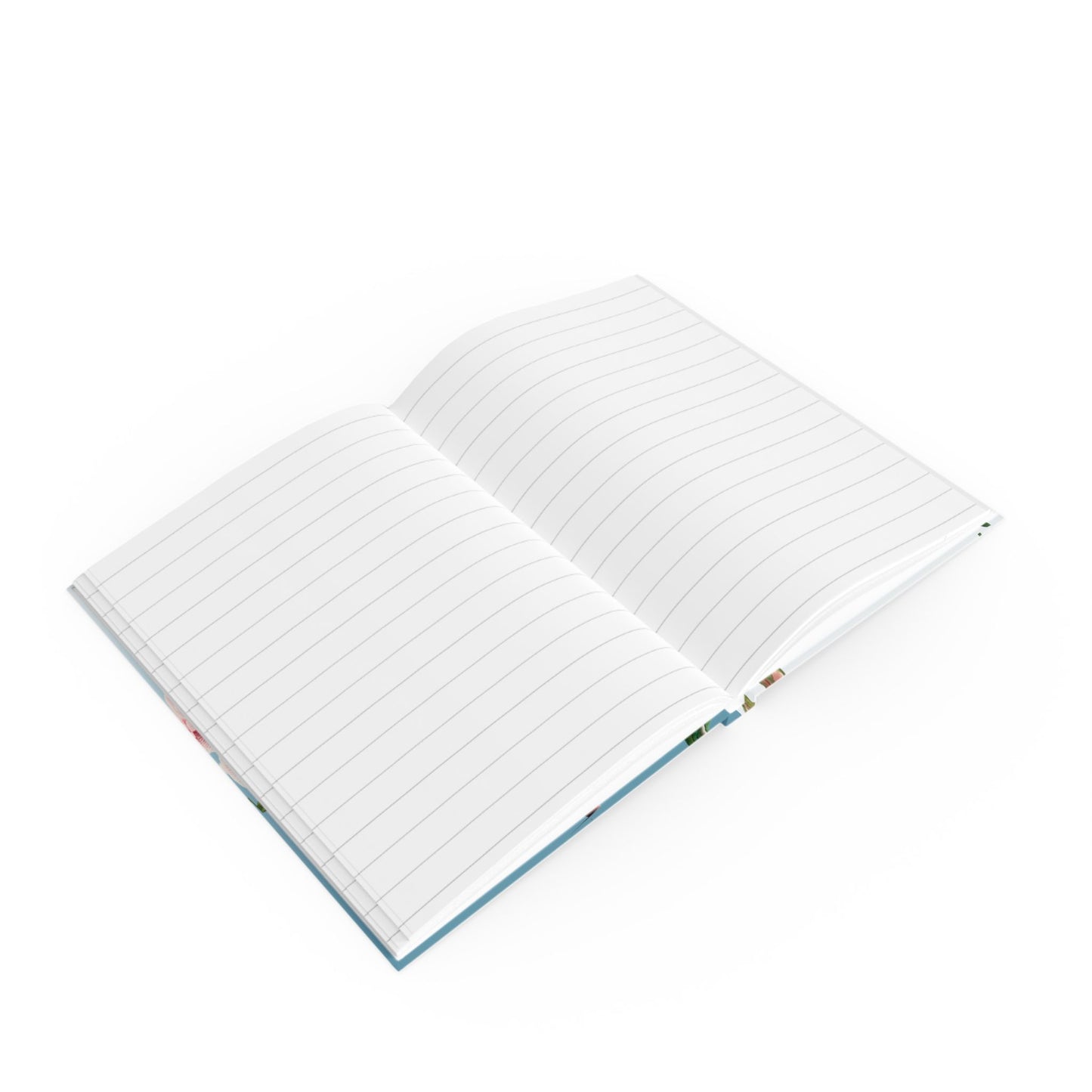 Open floral notebook with lined pages on a white background