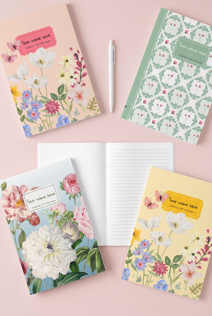 Floral Peony A5 Softcover Notebook | Personalized 'Your name here' Journal, Vintage Botanical Design