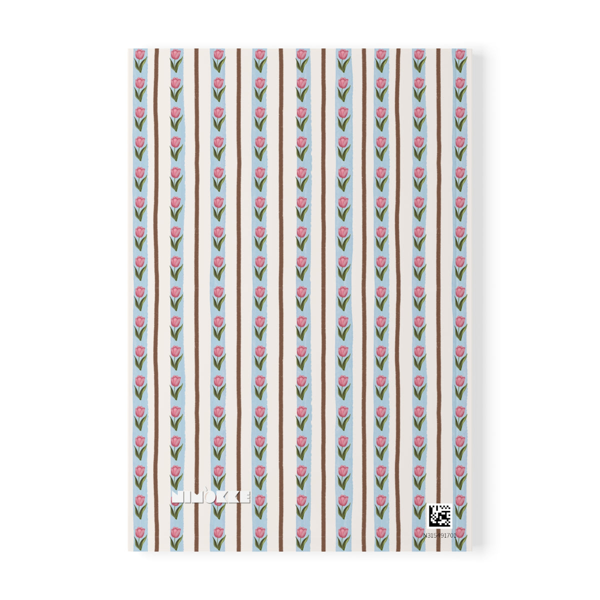 A Softcover A5 Notebook or journal cover featuring a repeating pattern of pink tulips with green stems on alternating light blue and beige vertical stripes, with the brand name 'Nimokke' printed near the bottom.