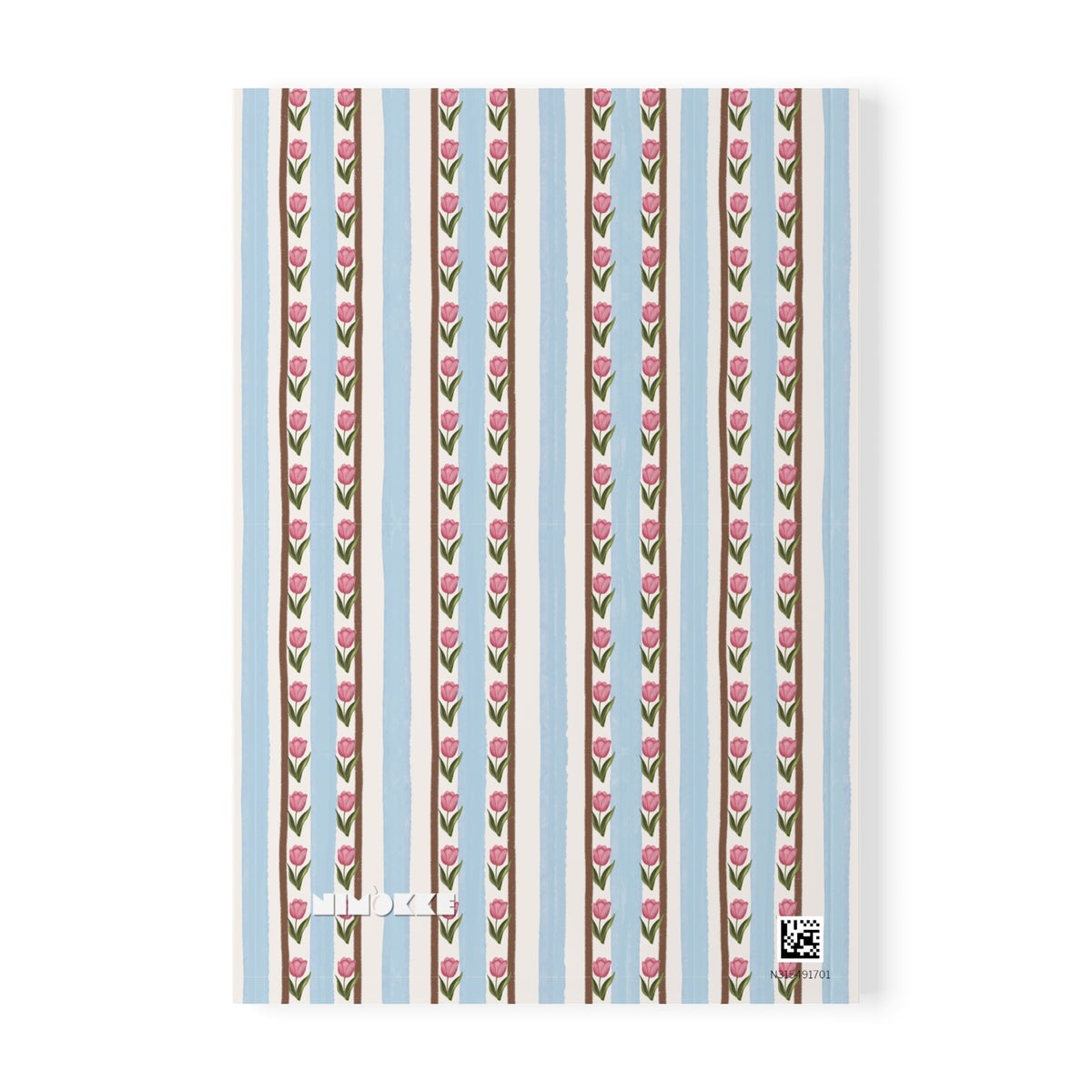A A5 notebook or journal cover featuring a vertical striped pattern with pink tulips on brown and cream stripes, set against a light blue background. The brand name 'Nimokke' is printed in white near the bottom left.