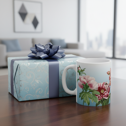Vintage Peony Floral Blue Ceramic Coffee Mug